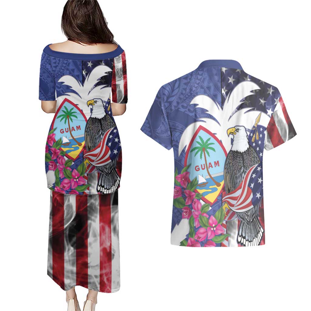 United States Guam Couples Matching Puletasi and Hawaiian Shirt USA Eagle Guahan Seal Bougainvillea - Polynesian Pride