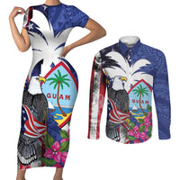 United States Guam Couples Matching Short Sleeve Bodycon Dress and Long Sleeve Button Shirt USA Eagle Guahan Seal Bougainvillea - Polynesian Pride