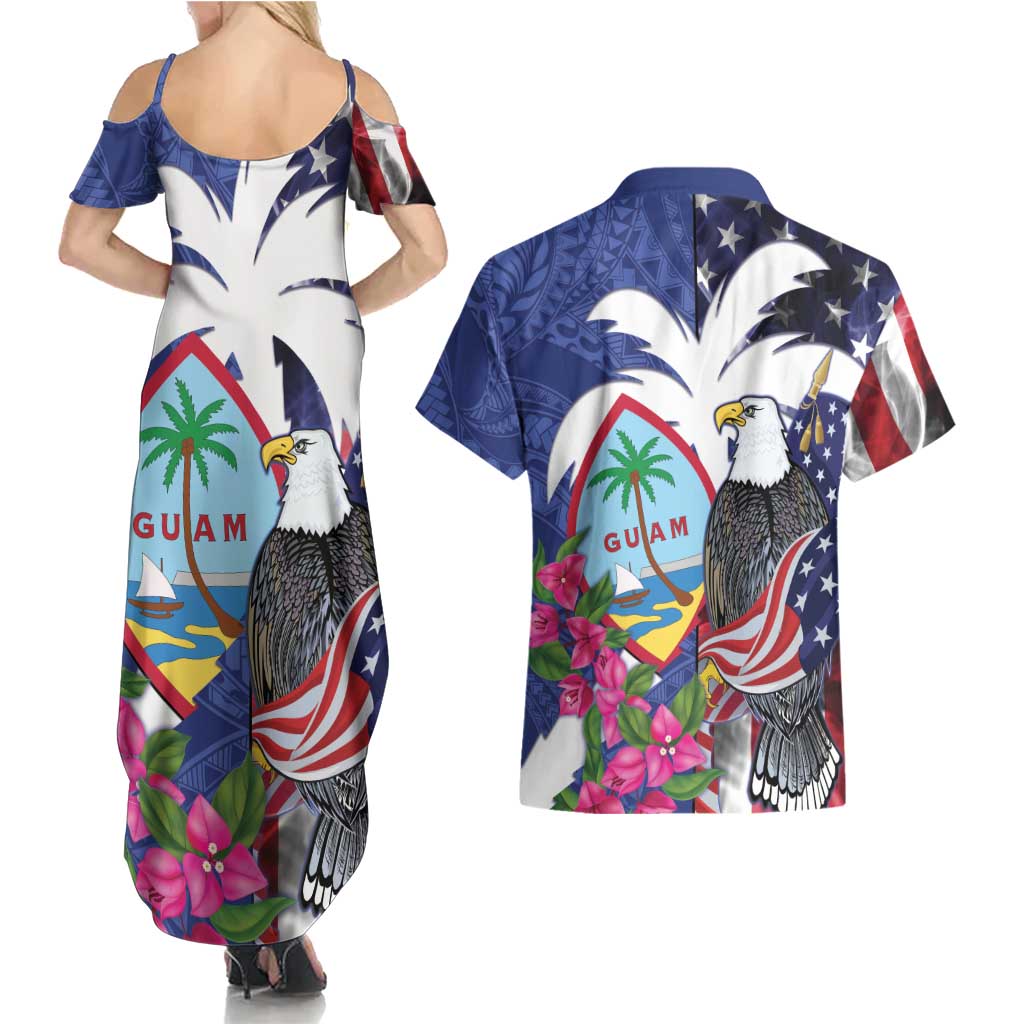 United States Guam Couples Matching Summer Maxi Dress and Hawaiian Shirt USA Eagle Guahan Seal Bougainvillea - Polynesian Pride