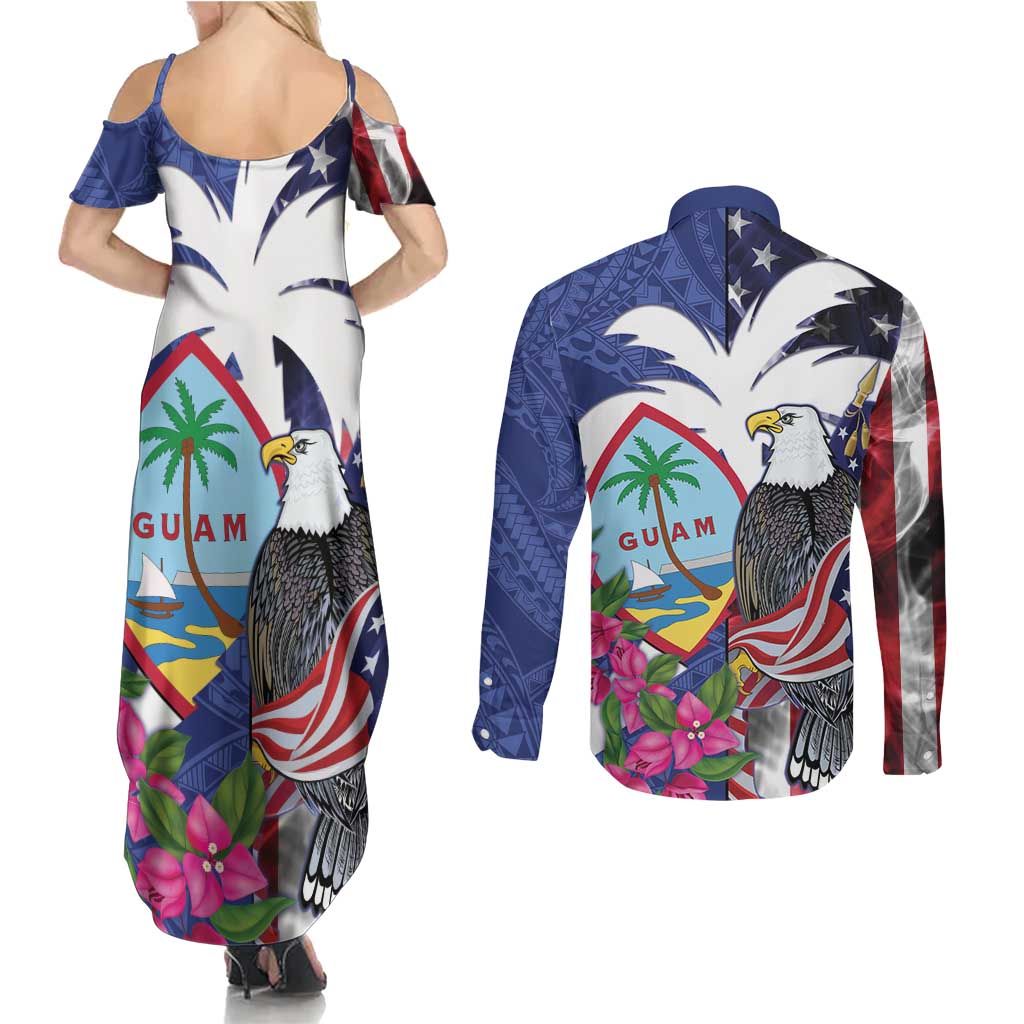 United States Guam Couples Matching Summer Maxi Dress and Long Sleeve Button Shirt USA Eagle Guahan Seal Bougainvillea - Polynesian Pride