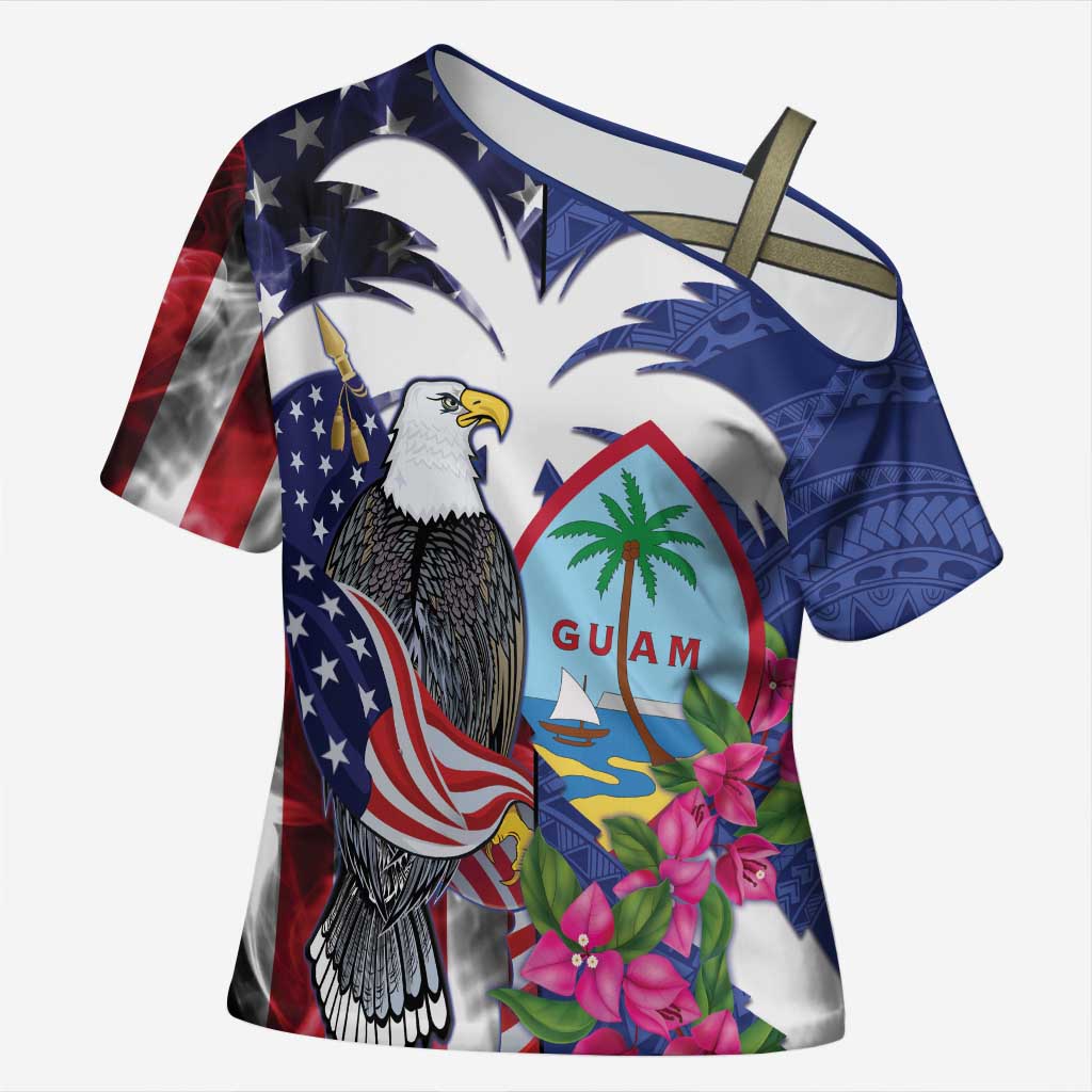 United States Guam Cross Shoulder Shirt USA Eagle Guahan Seal Bougainvillea LT14 Female Blue - Polynesian Pride