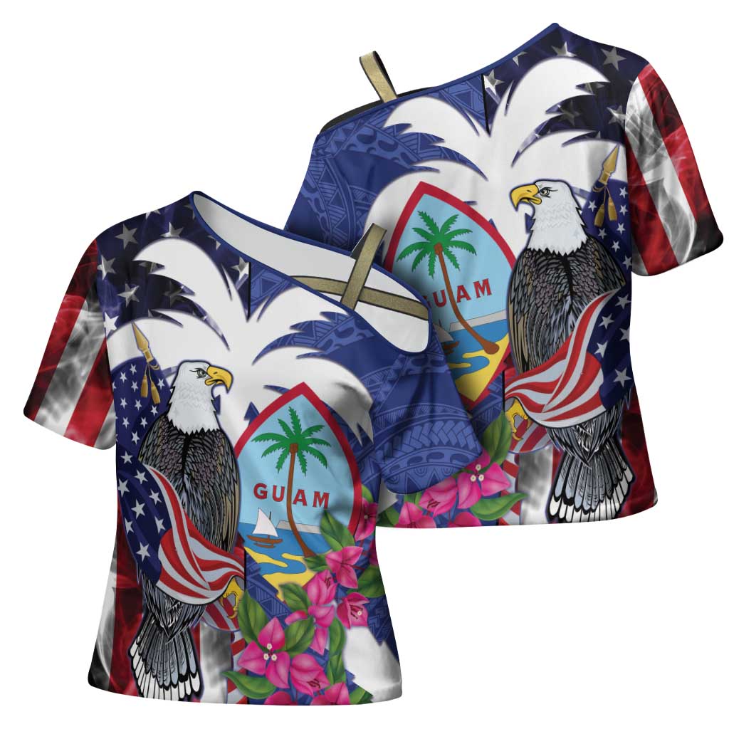 United States Guam Cross Shoulder Shirt USA Eagle Guahan Seal Bougainvillea LT14 - Polynesian Pride