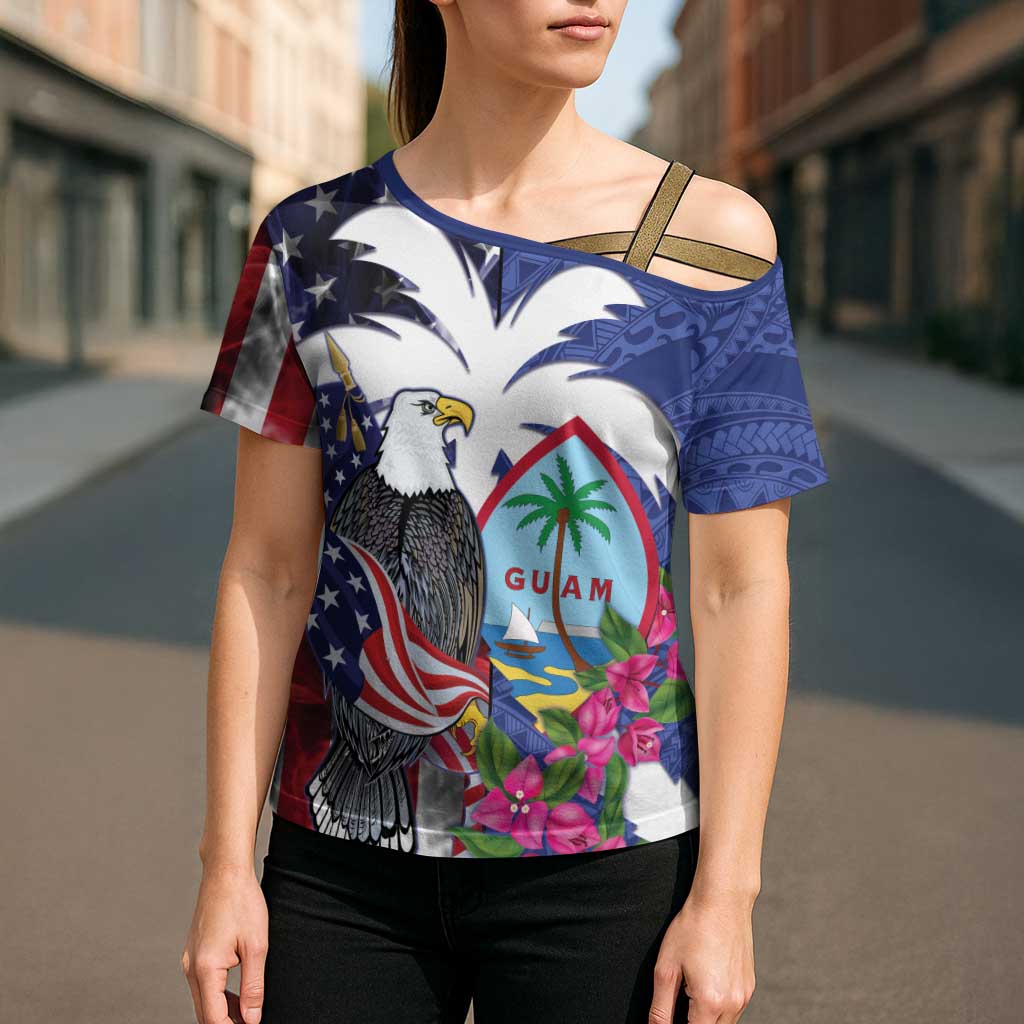 United States Guam Cross Shoulder Shirt USA Eagle Guahan Seal Bougainvillea LT14 - Polynesian Pride