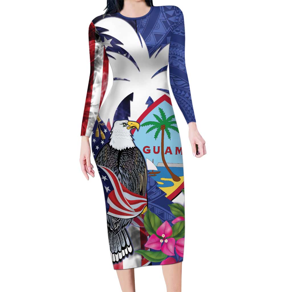 United States Guam Family Matching Long Sleeve Bodycon Dress and Hawaiian Shirt USA Eagle Guahan Seal Bougainvillea - Polynesian Pride