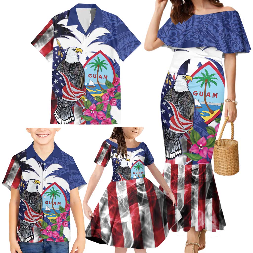 United States Guam Family Matching Mermaid Dress and Hawaiian Shirt USA Eagle Guahan Seal Bougainvillea - Polynesian Pride