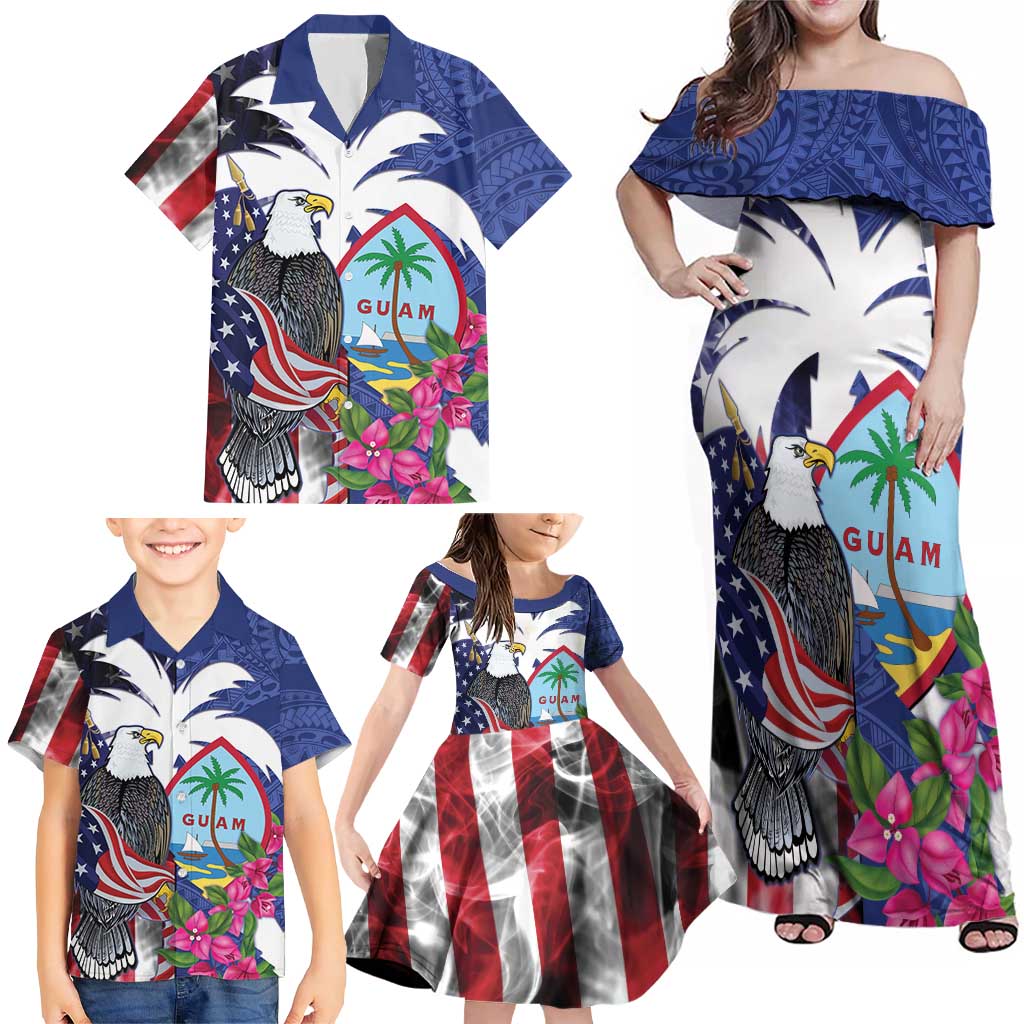 United States Guam Family Matching Off Shoulder Maxi Dress and Hawaiian Shirt USA Eagle Guahan Seal Bougainvillea - Polynesian Pride