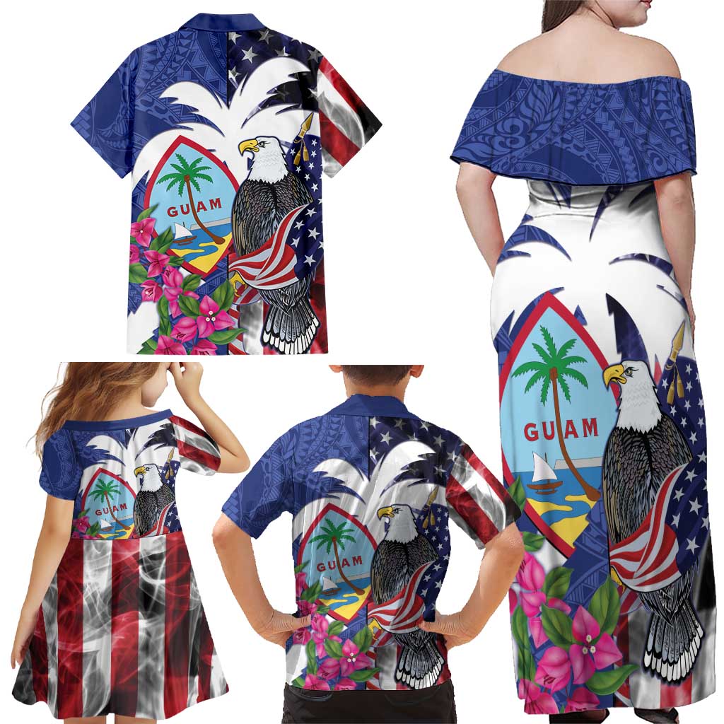 United States Guam Family Matching Off Shoulder Maxi Dress and Hawaiian Shirt USA Eagle Guahan Seal Bougainvillea - Polynesian Pride
