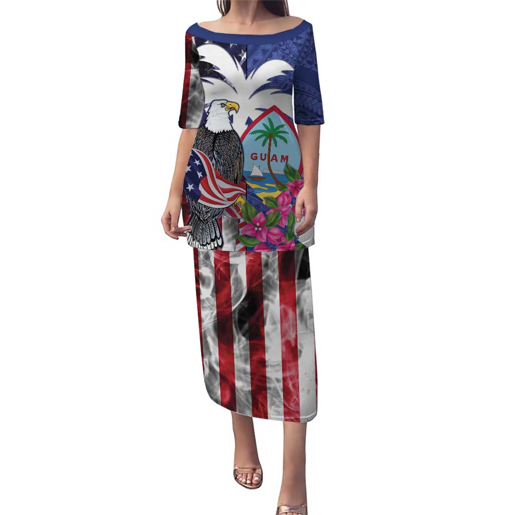 United States Guam Family Matching Puletasi and Hawaiian Shirt USA Eagle Guahan Seal Bougainvillea - Polynesian Pride
