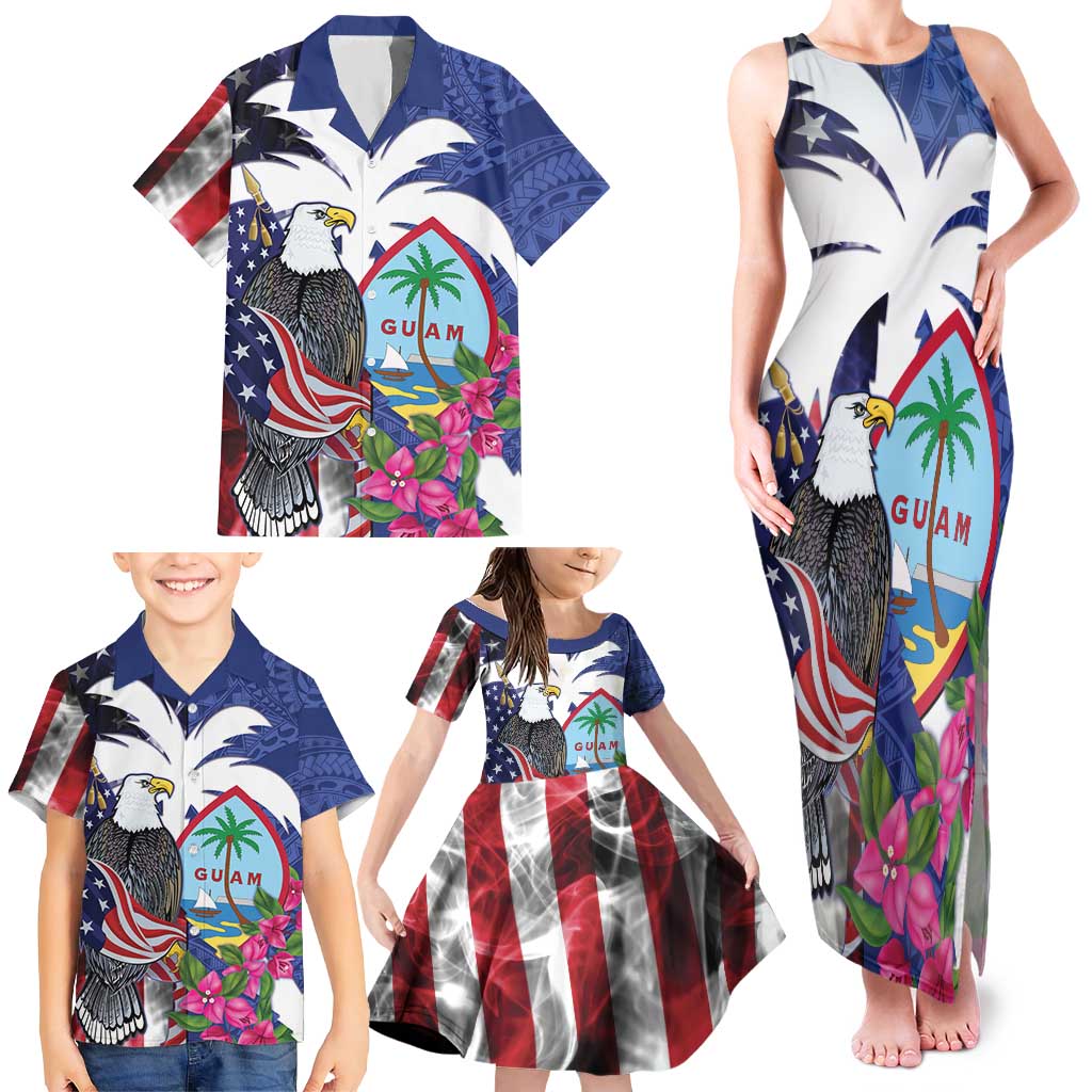 United States Guam Family Matching Tank Maxi Dress and Hawaiian Shirt USA Eagle Guahan Seal Bougainvillea - Polynesian Pride