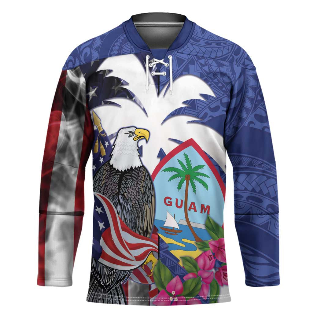 United States Guam Hockey Jersey USA Eagle Guahan Seal Bougainvillea LT14 Unisex Blue - Polynesian Pride