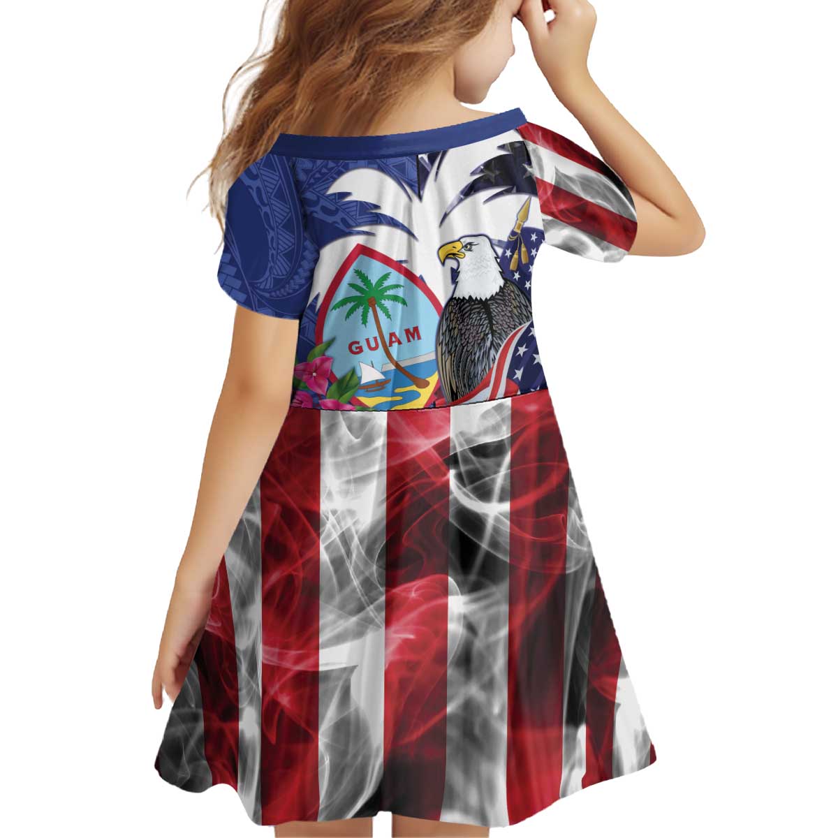 United States Guam Kid Short Sleeve Dress USA Eagle Guahan Seal Bougainvillea - Polynesian Pride