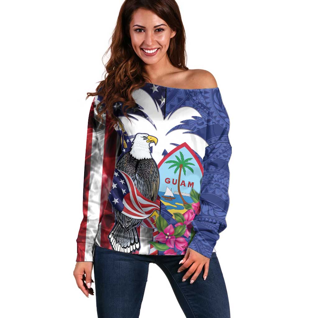 United States Guam Off Shoulder Sweater USA Eagle Guahan Seal Bougainvillea LT14 Women Blue - Polynesian Pride
