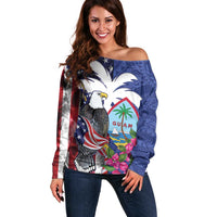 United States Guam Off Shoulder Sweater USA Eagle Guahan Seal Bougainvillea LT14 Women Blue - Polynesian Pride