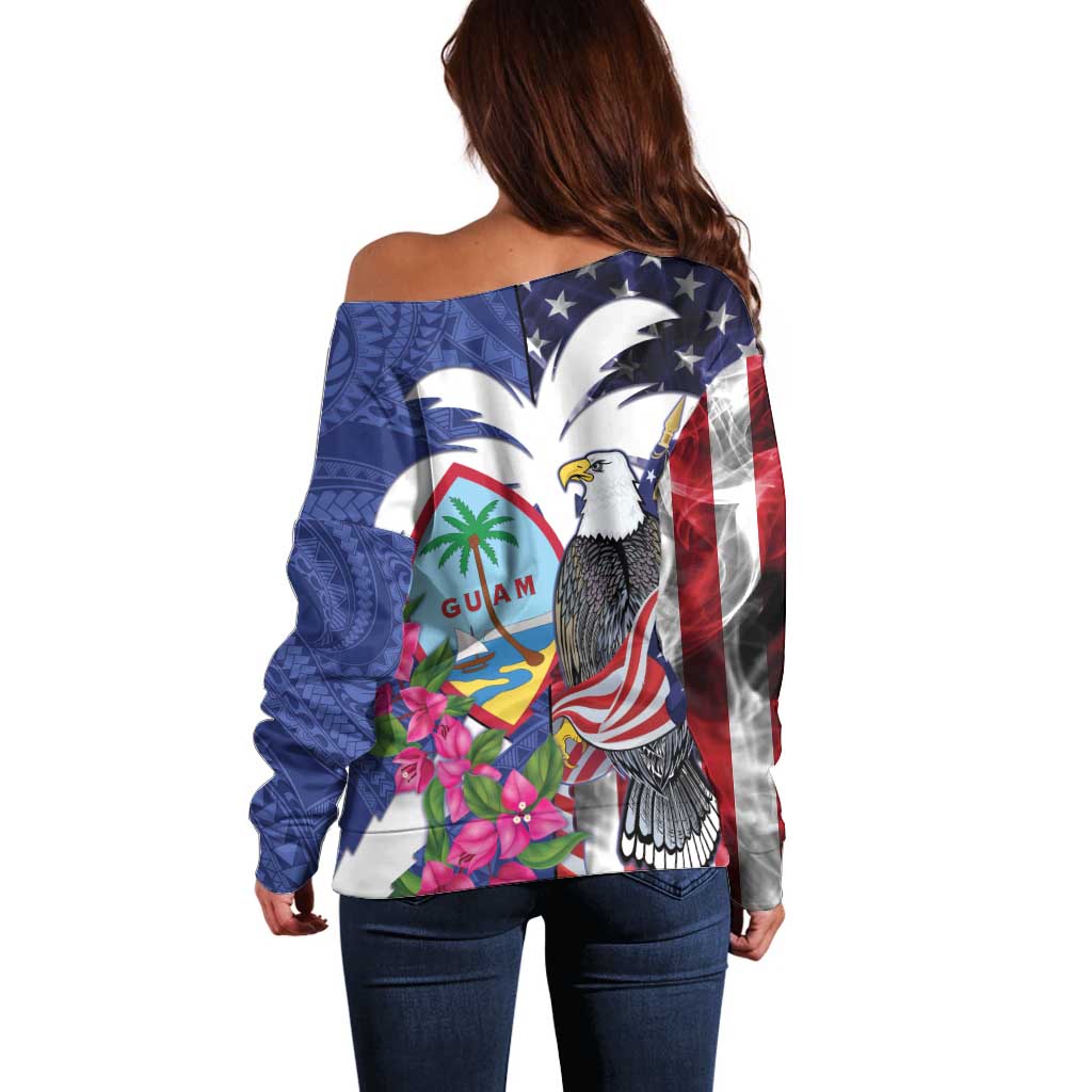 United States Guam Off Shoulder Sweater USA Eagle Guahan Seal Bougainvillea LT14 - Polynesian Pride