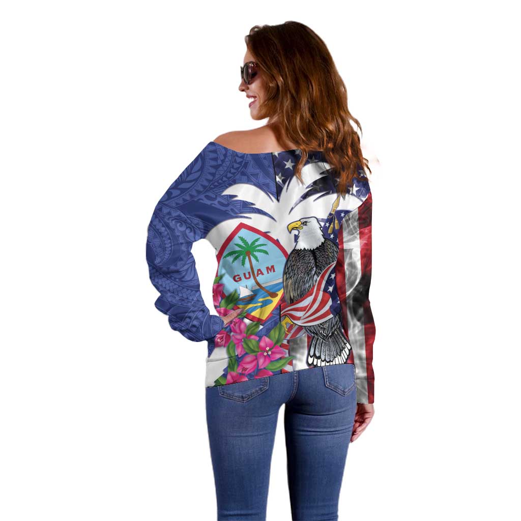United States Guam Off Shoulder Sweater USA Eagle Guahan Seal Bougainvillea LT14 - Polynesian Pride