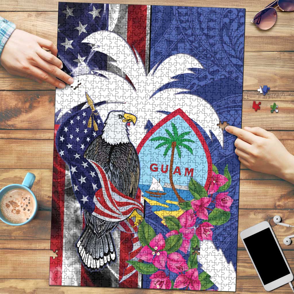 United States Guam Puzzle USA Eagle Guahan Seal Bougainvillea LT14 Blue - Polynesian Pride