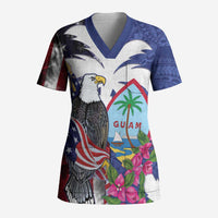 United States Guam Scrub Top USA Eagle Guahan Seal Bougainvillea LT14 Adult Blue - Polynesian Pride