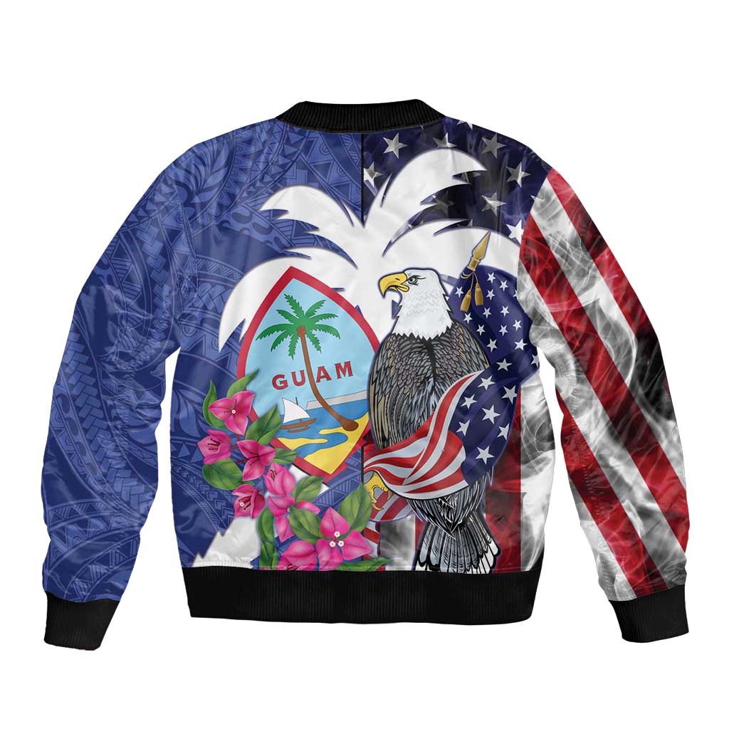 United States Guam Sleeve Zip Bomber Jacket USA Eagle Guahan Seal Bougainvillea - Polynesian Pride