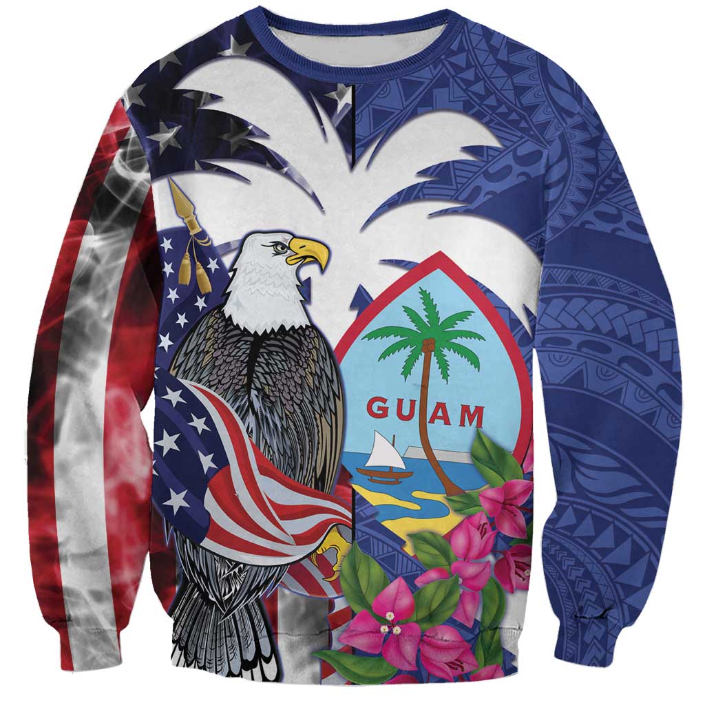 United States Guam Sweatshirt USA Eagle Guahan Seal Bougainvillea LT14 Unisex Blue - Polynesian Pride