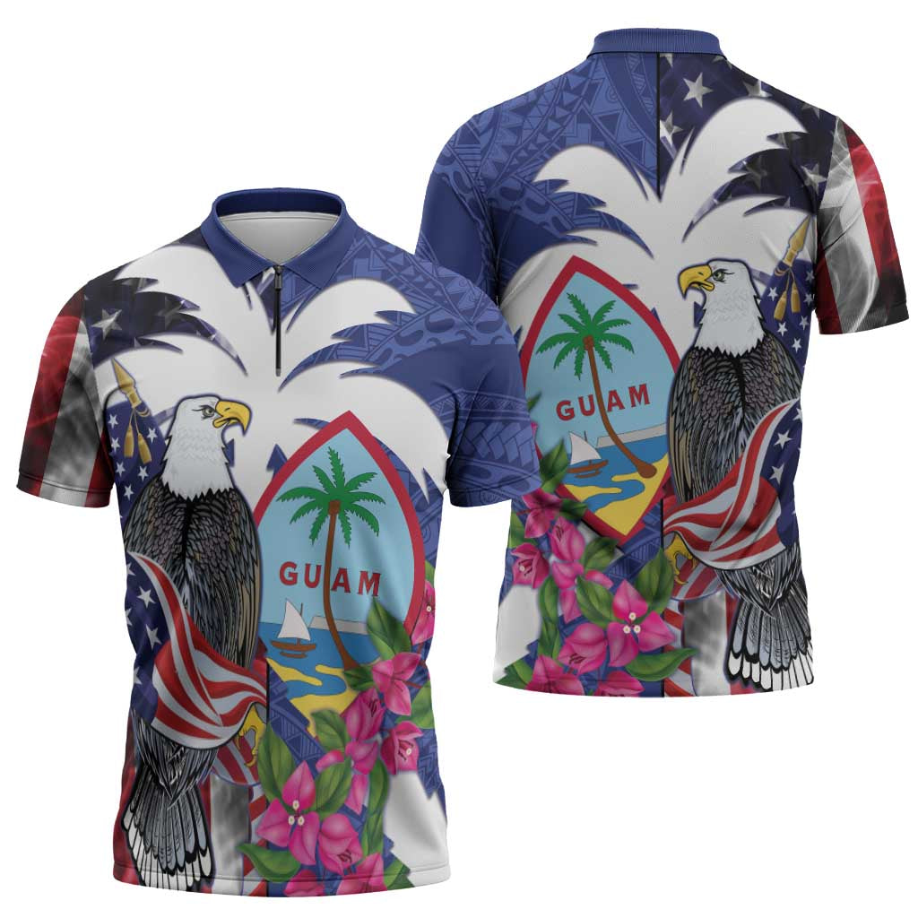 United States Guam Zipper Polo Shirt USA Eagle Guahan Seal Bougainvillea - Polynesian Pride