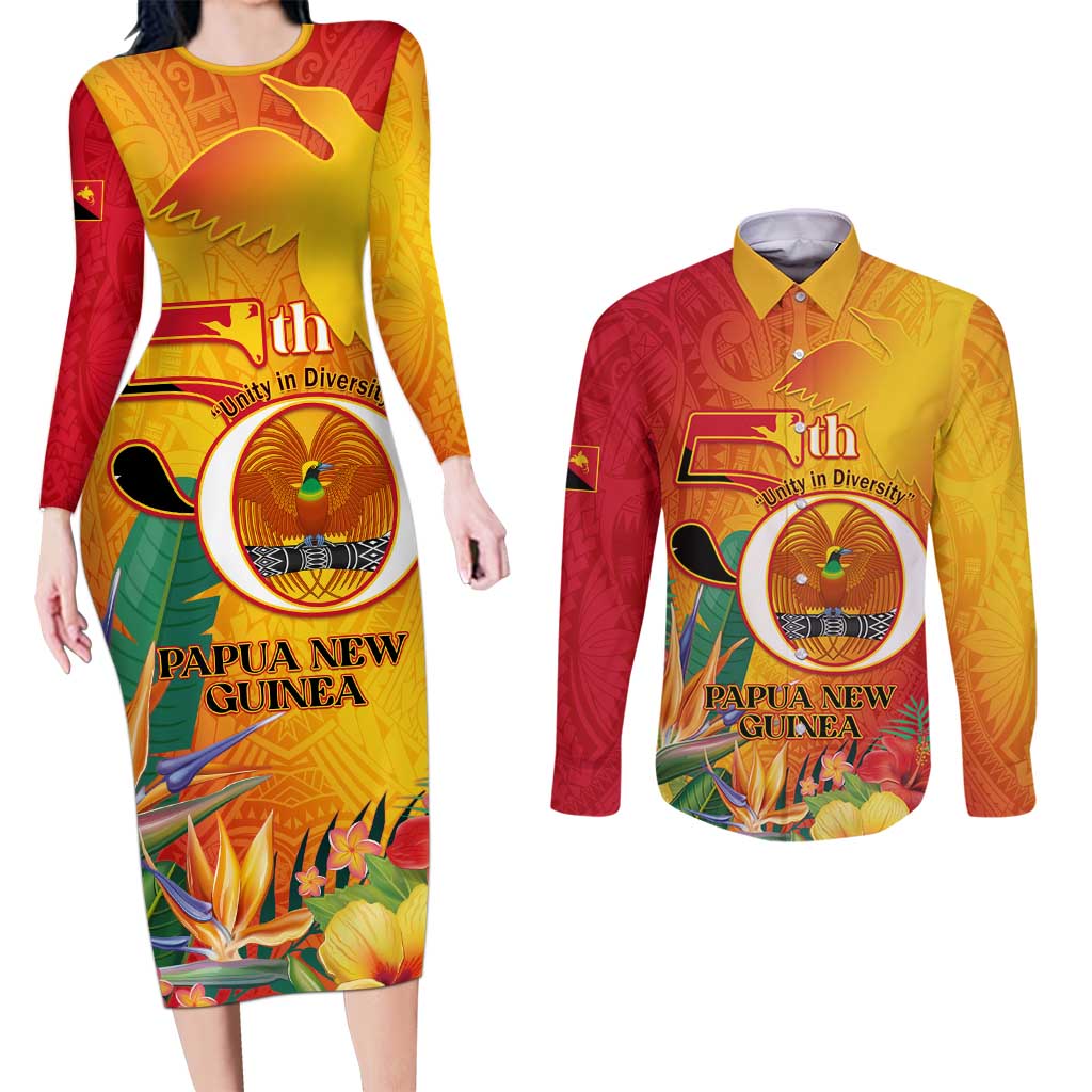 Papua New Guinea Independence Day Couples Matching Long Sleeve Bodycon Dress and Long Sleeve Button Shirt 50th Anniversary Unity in Diversity