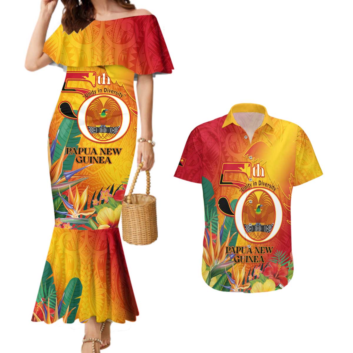Papua New Guinea Independence Day Couples Matching Mermaid Dress and Hawaiian Shirt 50th Anniversary Unity in Diversity