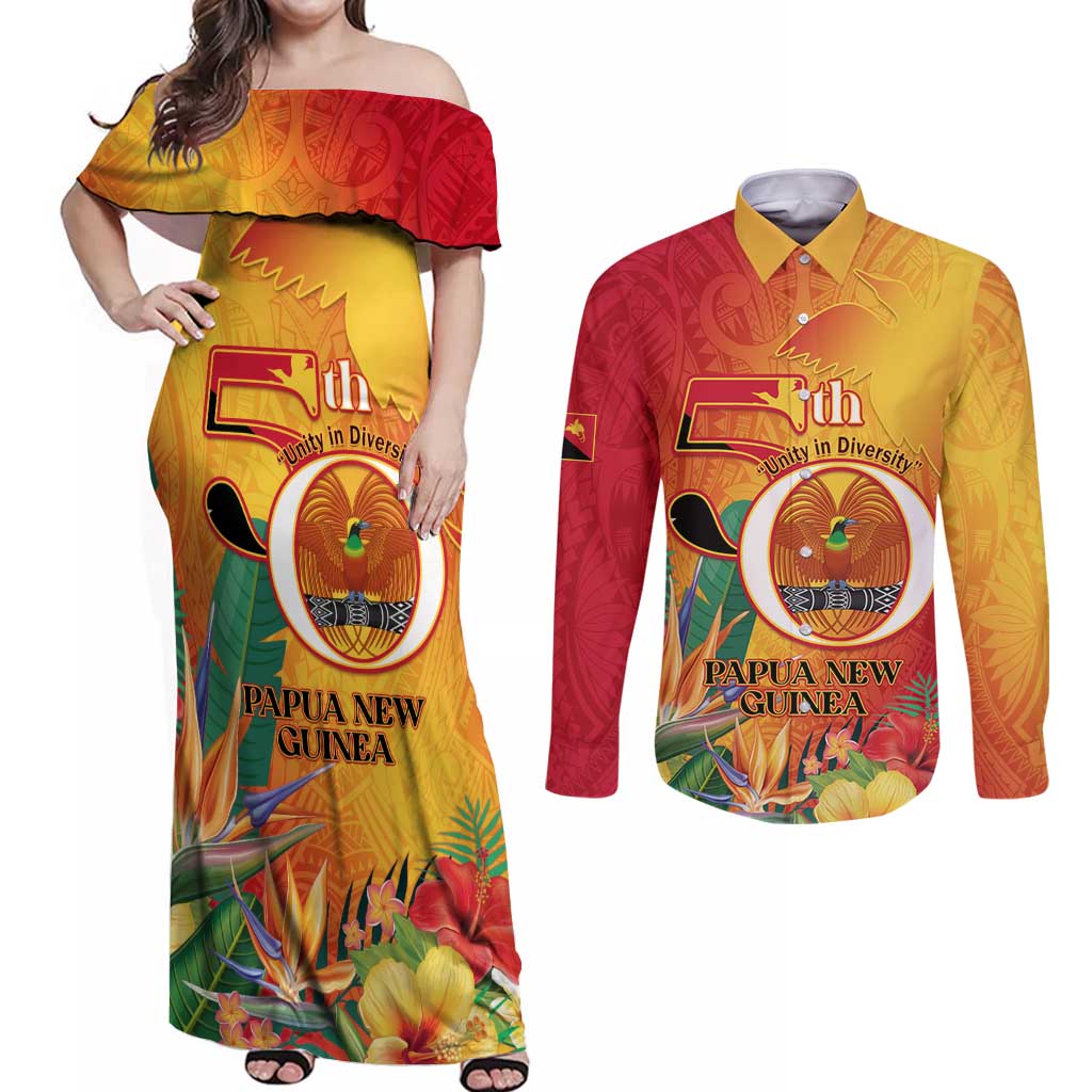 Papua New Guinea Independence Day Couples Matching Off Shoulder Maxi Dress and Long Sleeve Button Shirt 50th Anniversary Unity in Diversity