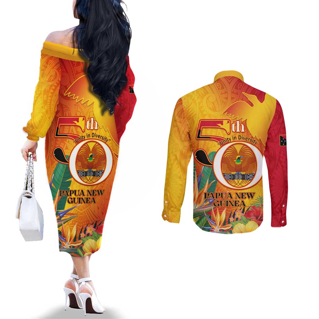 Papua New Guinea Independence Day Couples Matching Off The Shoulder Long Sleeve Dress and Long Sleeve Button Shirt 50th Anniversary Unity in Diversity