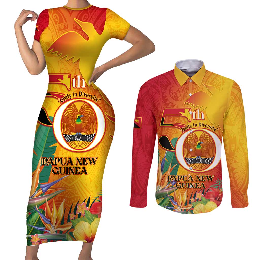 Papua New Guinea Independence Day Couples Matching Short Sleeve Bodycon Dress and Long Sleeve Button Shirt 50th Anniversary Unity in Diversity