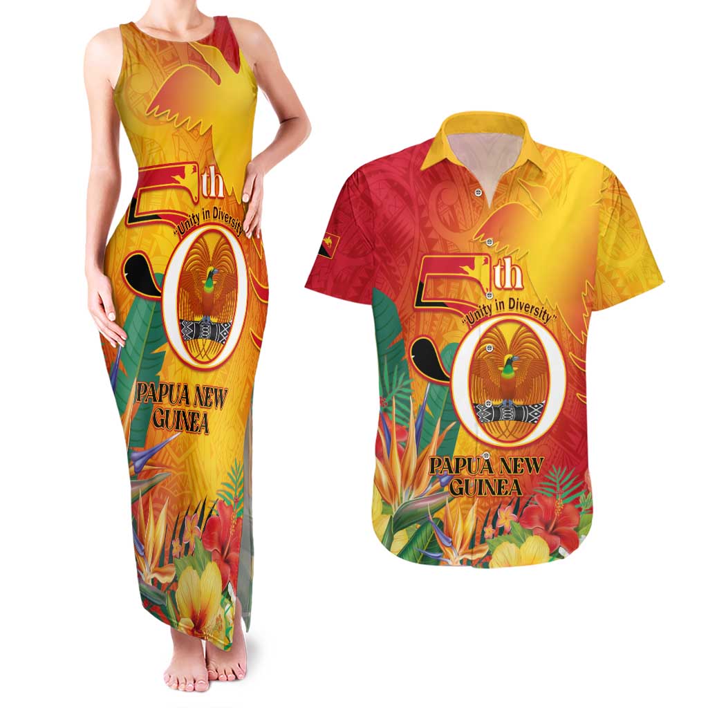 Papua New Guinea Independence Day Couples Matching Tank Maxi Dress and Hawaiian Shirt 50th Anniversary Unity in Diversity