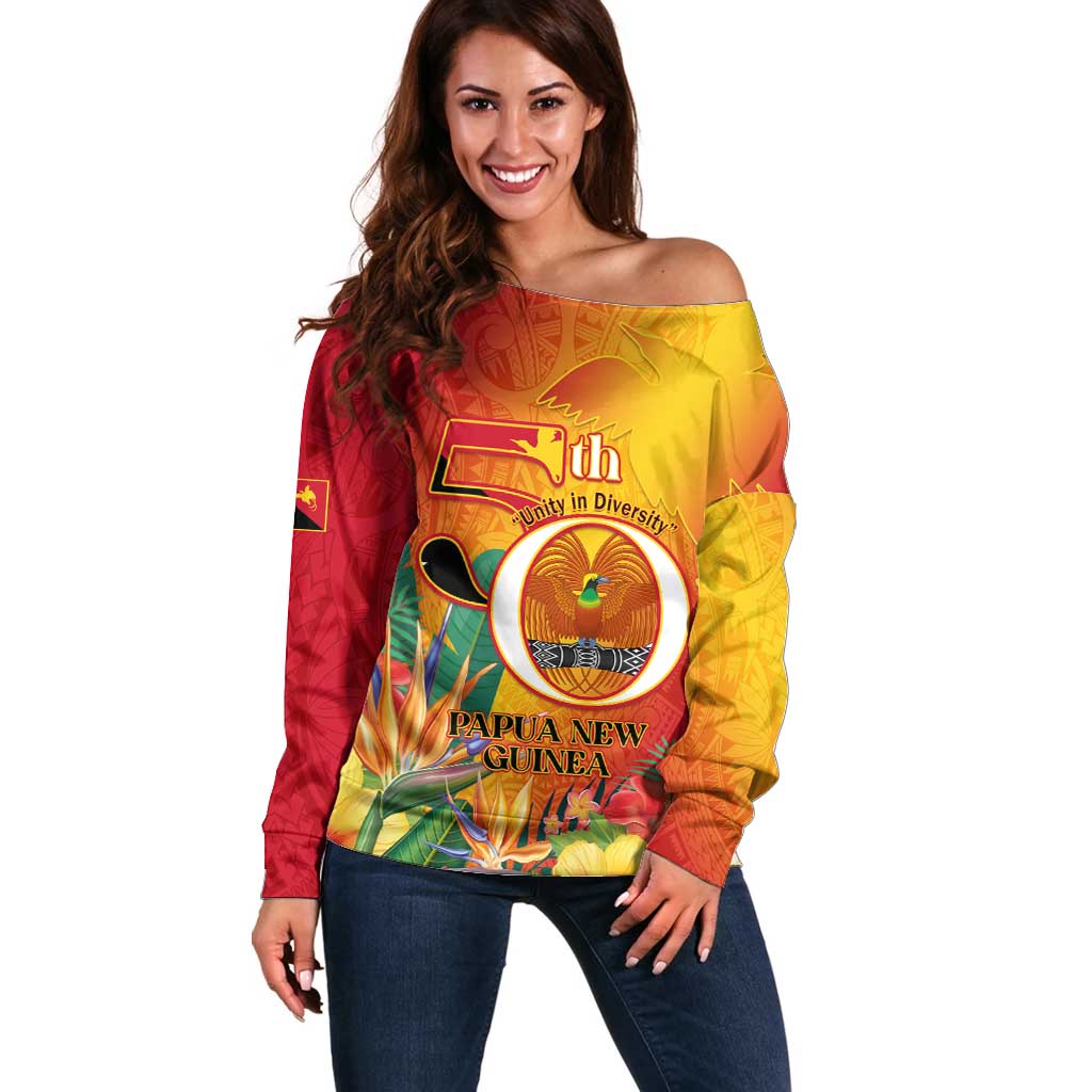 Papua New Guinea Independence Day Off Shoulder Sweater 50th Anniversary Unity in Diversity