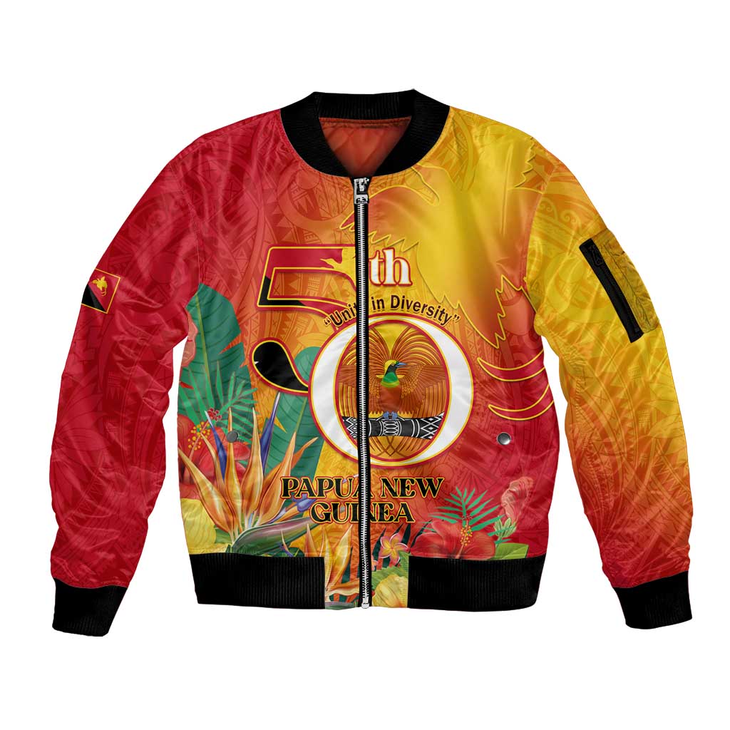 Papua New Guinea Independence Day Sleeve Zip Bomber Jacket 50th Anniversary Unity in Diversity