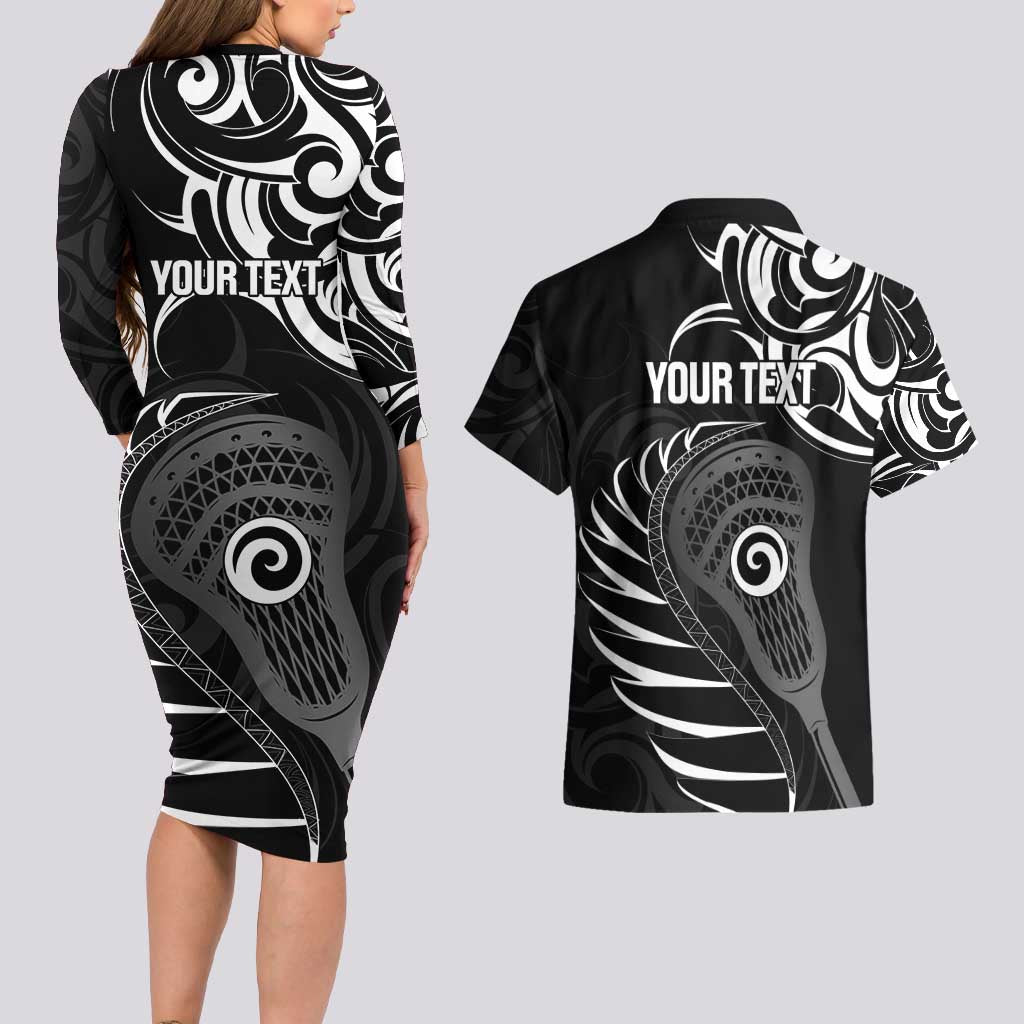 Personalised New Zealand Silver Fern Lacrosse Couples Matching Long Sleeve Bodycon Dress and Hawaiian Shirt Aotearoa Maori Pattern