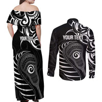 Personalised New Zealand Silver Fern Lacrosse Couples Matching Off Shoulder Maxi Dress and Long Sleeve Button Shirt Aotearoa Maori Pattern