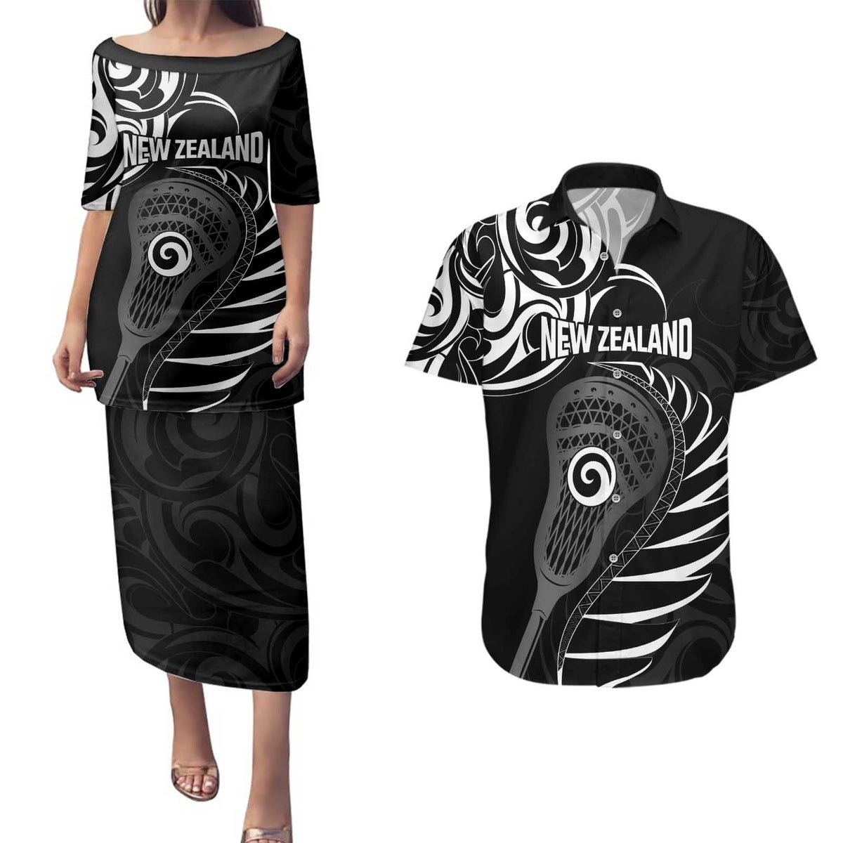Personalised New Zealand Silver Fern Lacrosse Couples Matching Puletasi and Hawaiian Shirt Aotearoa Maori Pattern