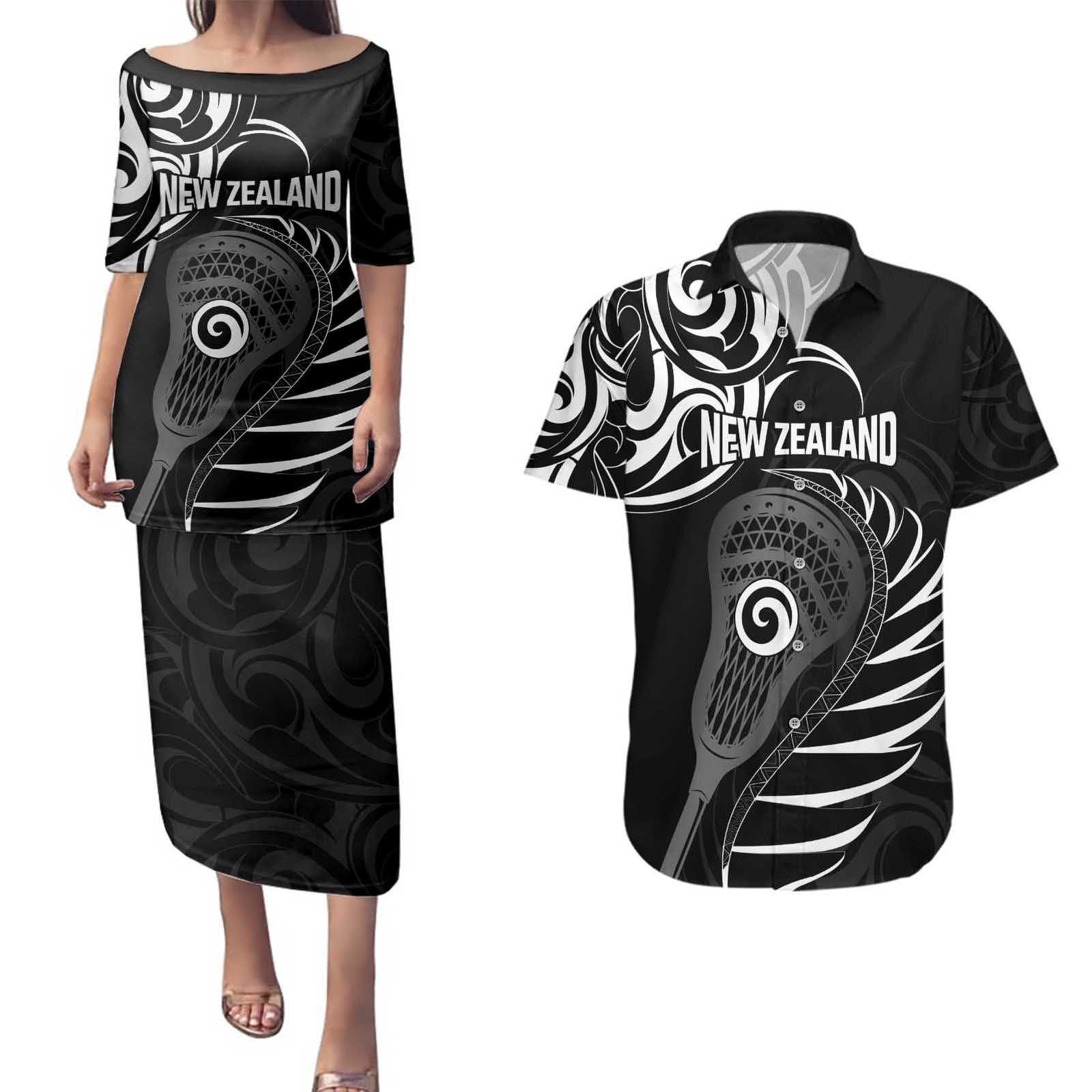 Personalised New Zealand Silver Fern Lacrosse Couples Matching Puletasi and Hawaiian Shirt Aotearoa Maori Pattern
