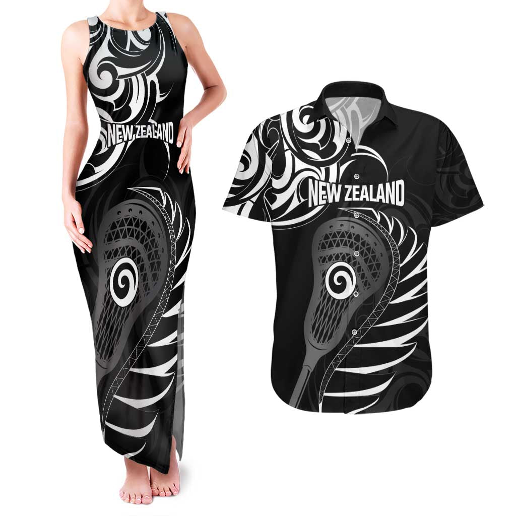 Personalised New Zealand Silver Fern Lacrosse Couples Matching Tank Maxi Dress and Hawaiian Shirt Aotearoa Maori Pattern