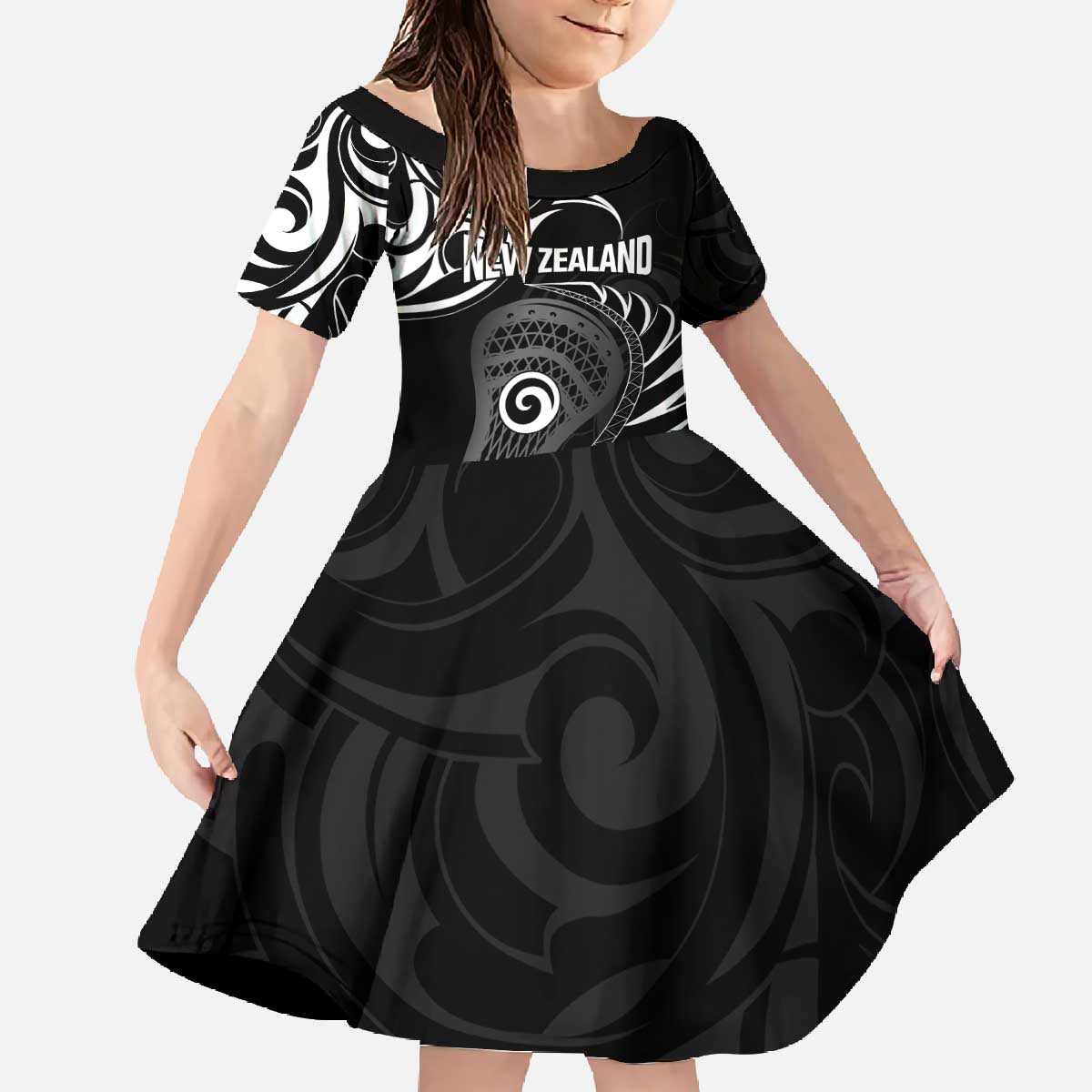 Personalised New Zealand Silver Fern Lacrosse Family Matching Off The Shoulder Long Sleeve Dress and Hawaiian Shirt Aotearoa Maori Pattern LT14 Daughter's Dress Black - Polynesian Pride