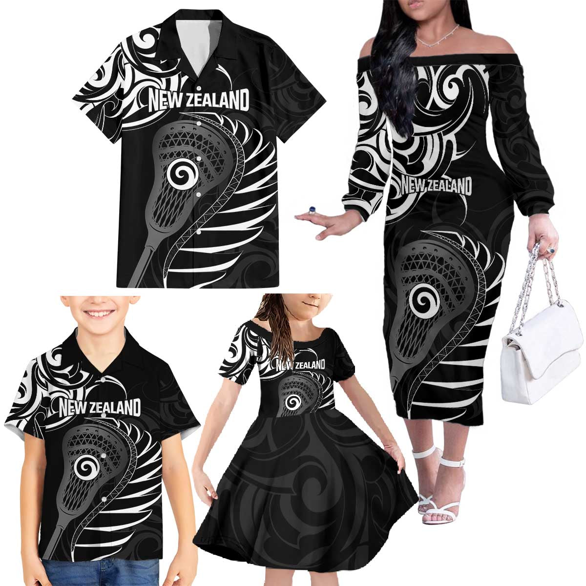 Personalised New Zealand Silver Fern Lacrosse Family Matching Off The Shoulder Long Sleeve Dress and Hawaiian Shirt Aotearoa Maori Pattern LT14 - Polynesian Pride