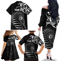 Personalised New Zealand Silver Fern Lacrosse Family Matching Off The Shoulder Long Sleeve Dress and Hawaiian Shirt Aotearoa Maori Pattern LT14 - Polynesian Pride