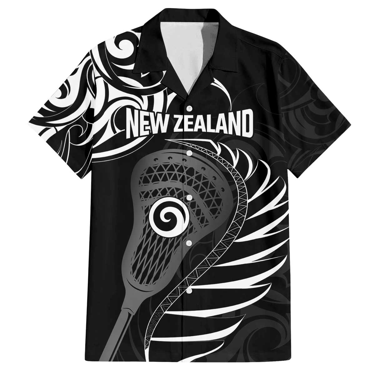Personalised New Zealand Silver Fern Lacrosse Family Matching Off The Shoulder Long Sleeve Dress and Hawaiian Shirt Aotearoa Maori Pattern LT14 Dad's Shirt - Short Sleeve Black - Polynesian Pride