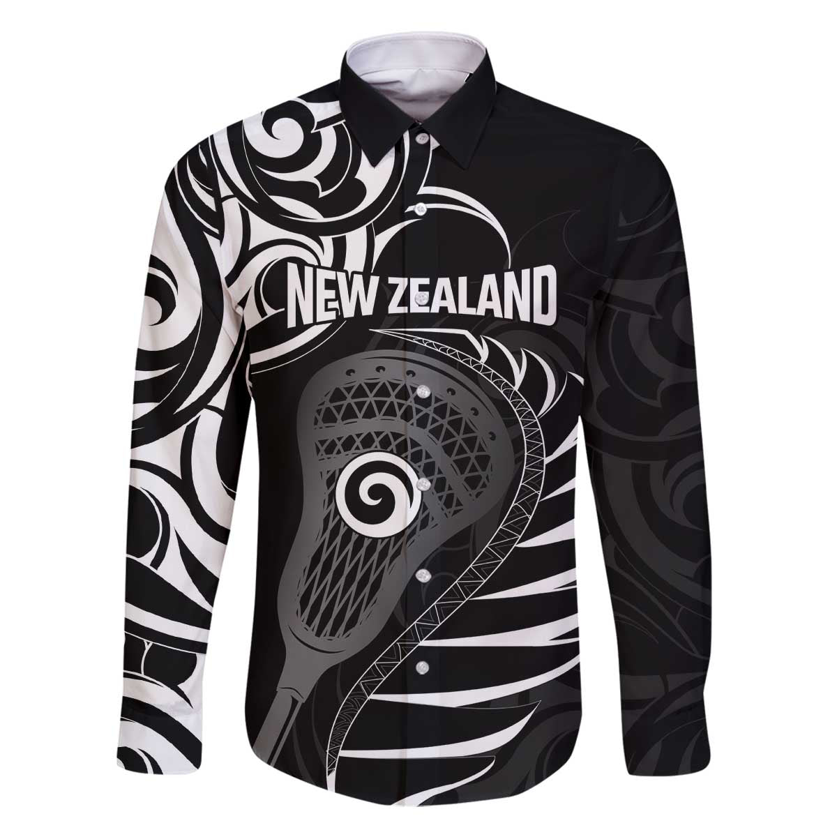 Personalised New Zealand Silver Fern Lacrosse Family Matching Off The Shoulder Long Sleeve Dress and Hawaiian Shirt Aotearoa Maori Pattern LT14 Dad's Shirt - Long Sleeve Black - Polynesian Pride