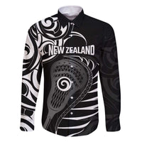 Personalised New Zealand Silver Fern Lacrosse Family Matching Off The Shoulder Long Sleeve Dress and Hawaiian Shirt Aotearoa Maori Pattern LT14 Dad's Shirt - Long Sleeve Black - Polynesian Pride