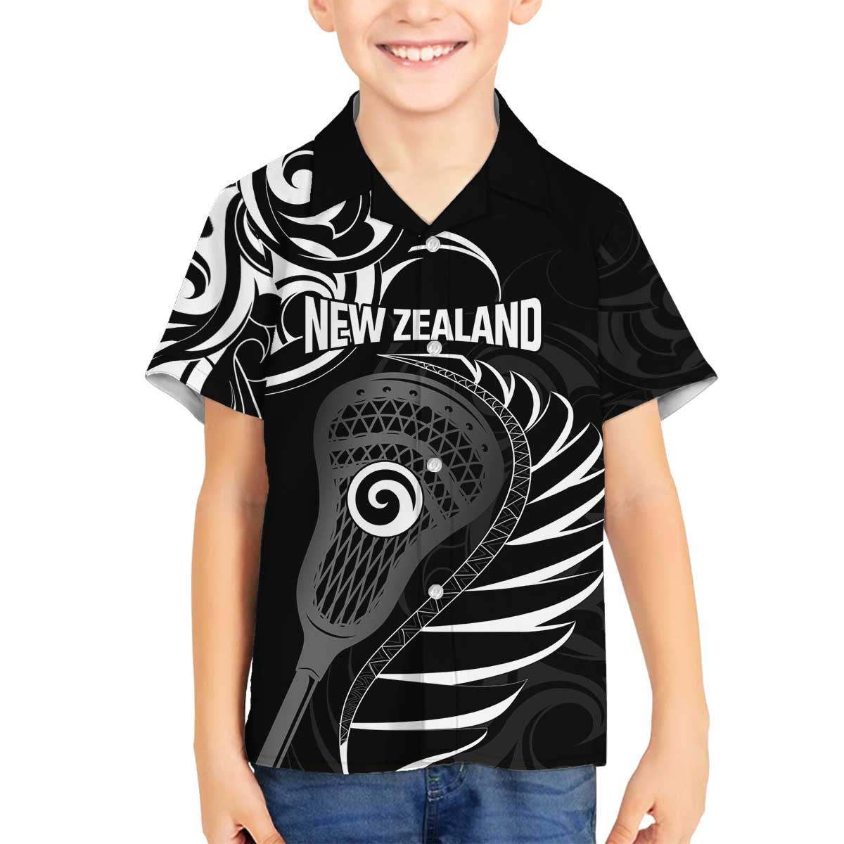 Personalised New Zealand Silver Fern Lacrosse Family Matching Off The Shoulder Long Sleeve Dress and Hawaiian Shirt Aotearoa Maori Pattern LT14 Son's Shirt Black - Polynesian Pride