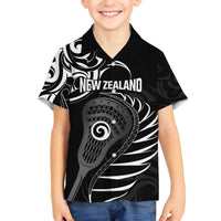 Personalised New Zealand Silver Fern Lacrosse Family Matching Off The Shoulder Long Sleeve Dress and Hawaiian Shirt Aotearoa Maori Pattern LT14 Son's Shirt Black - Polynesian Pride