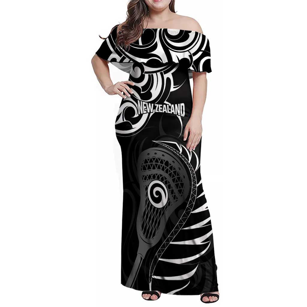 Personalised New Zealand Silver Fern Lacrosse Family Matching Off Shoulder Maxi Dress and Hawaiian Shirt Aotearoa Maori Pattern