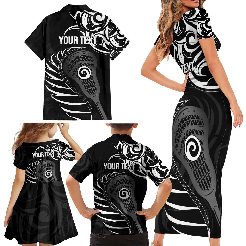 Personalised New Zealand Silver Fern Lacrosse Family Matching Short Sleeve Bodycon Dress and Hawaiian Shirt Aotearoa Maori Pattern