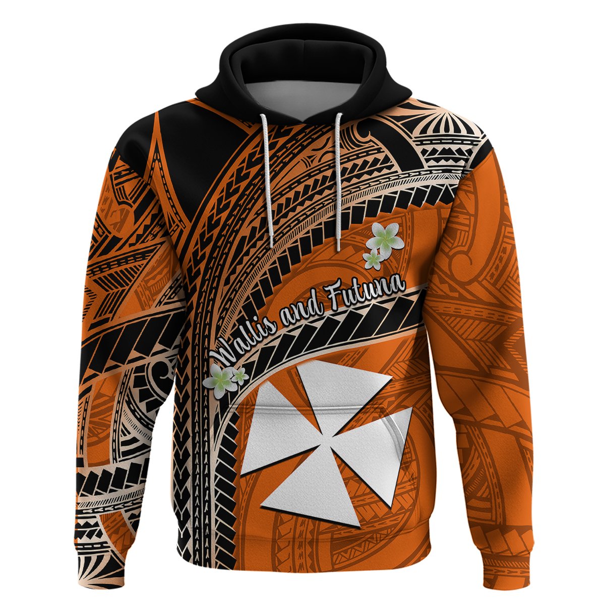 Custom Wallis and Futuna Hoodie Plumeria Flowers With Orange Polynesian Pattern LT14 - Polynesian Pride