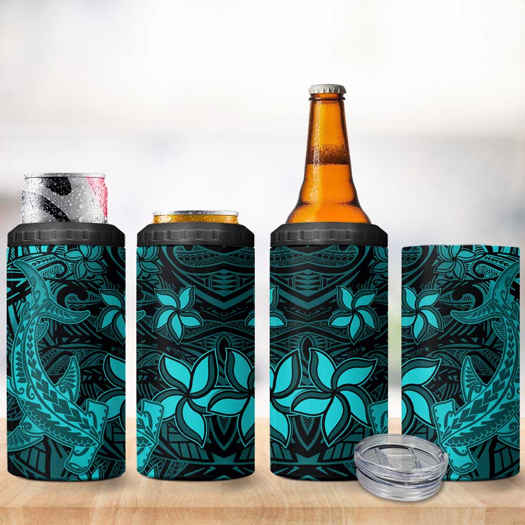 Polynesian 4 in 1 Can Cooler Tumbler Turquoise Hawaiian Tribal Hammerhead Shark