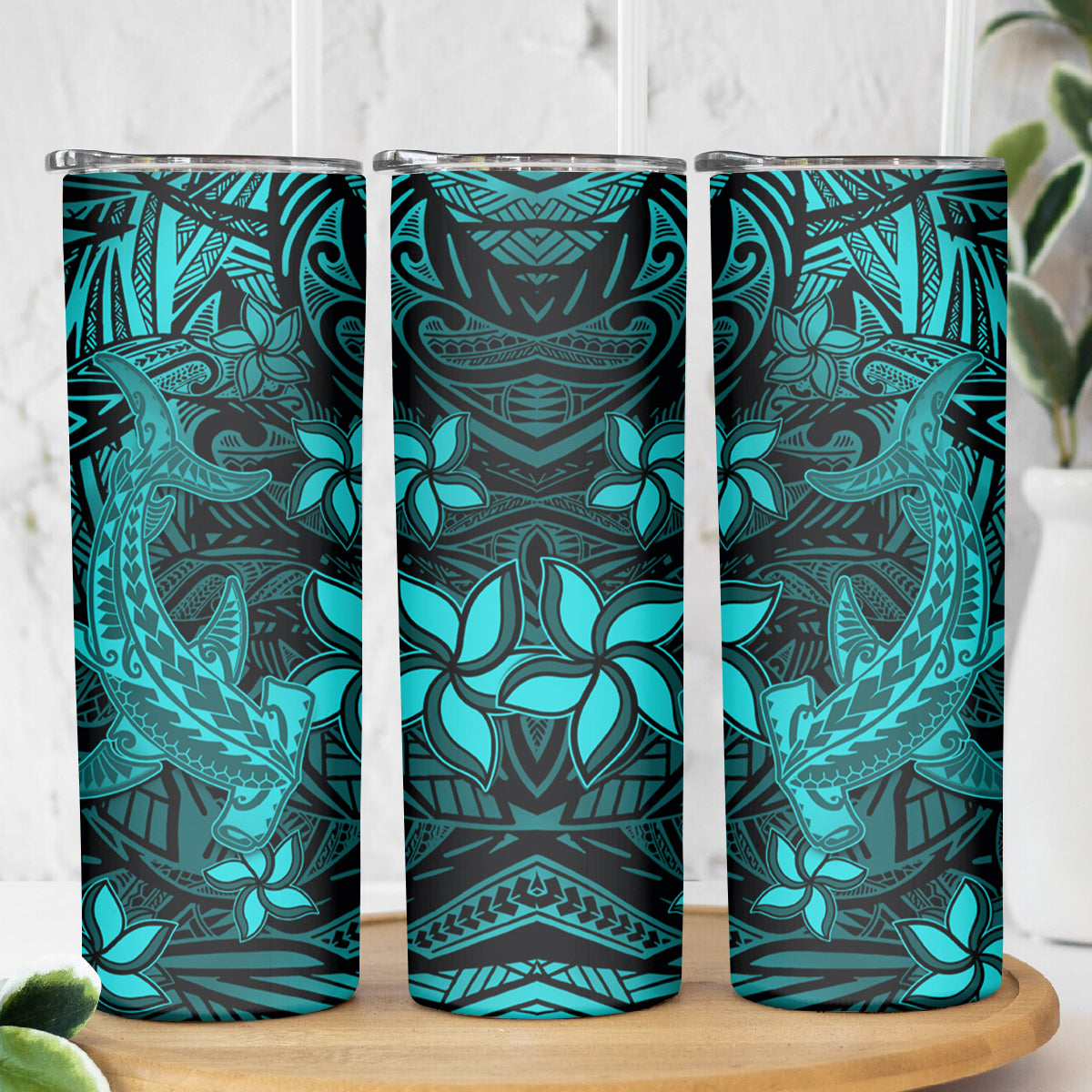 Polynesian Skinny Tumbler Turquoise Hawaiian Tribal Hammerhead Shark